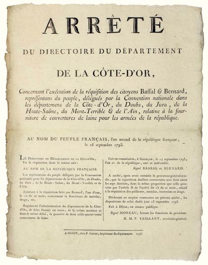 null CÔTE D’OR. 1793. DOUBS. « Arrêté du Directoire du Département de la CÔTE D’OR,...