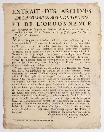 null VAR. 1780. CANAL DES EAUX DE TOULON. « Extrait des archives de la Communauté...