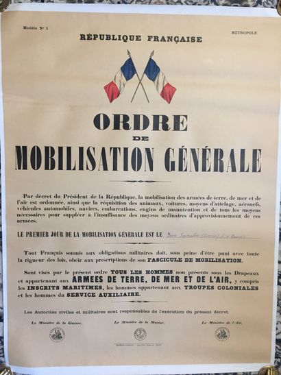null GUERRE 39/45 - 2 Septembre 1939 - Ordre de Mobilisation Générale. Grande affiche...