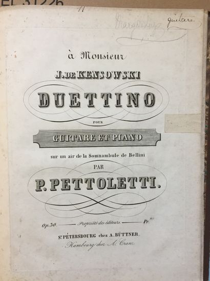 null GUITARE - Réunion de partitions anciennes imprimées en 4 vol. grand in-4 reliés:...