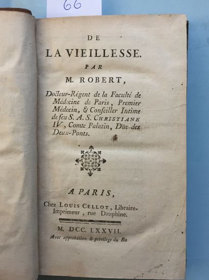 null ROBERT: De la vieillesse. Louis Cellot, 1777. In-12 demi-basane d'époque, dos...