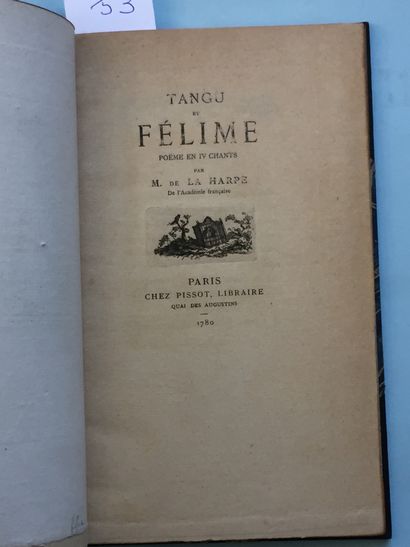 null LA HARPE: Tangu et Félime, poëme en IV chants. Paris, Pissot, 1780. In-8 demi-maroquin...