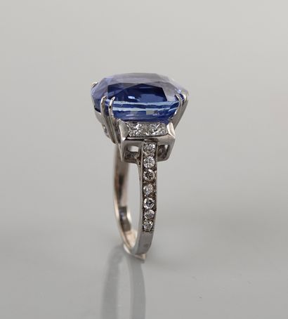 null White gold ring, 750 MM, set with an oval sapphire weighing 10.50 carats approximately,...