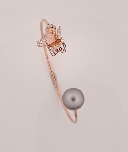 null Bracelet jonc ouvert en or rose, 750 MM, orné d'une perle de Tahiti diamètre...