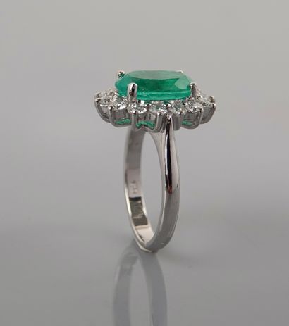 null White gold ring, 750 MM, set with an oval emerald weighing 3.52 carats, Colombian...