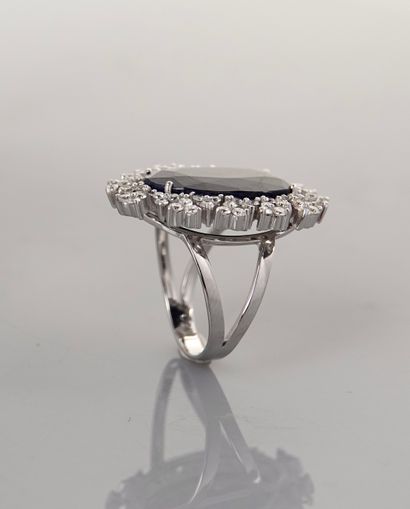 null White gold Pompadour ring, 750 MM, set with an oval sapphire weighing 10 carats...