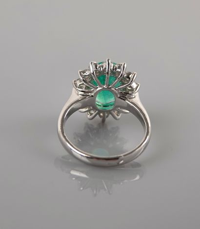 null White gold ring, 750 MM, set with an oval emerald weighing 3.52 carats, Colombian...