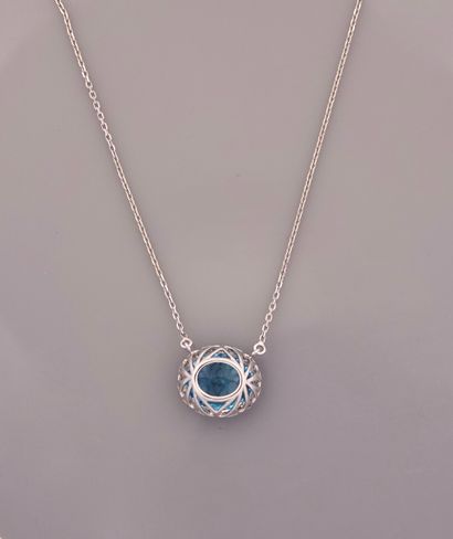 null Necklace in white gold, 750 MM, centered on a motif adorned with an oval blue...