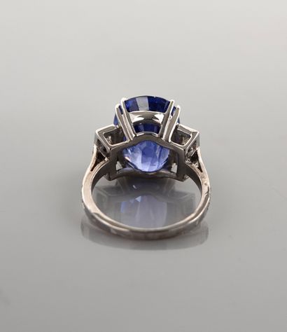 null White gold ring, 750 MM, set with an oval sapphire weighing 10.50 carats approximately,...