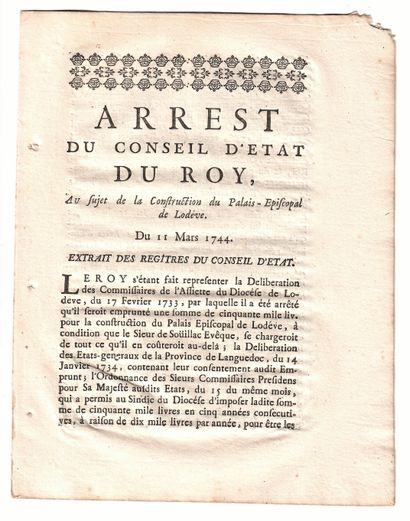 null DIOCESE OF LODÈVE (34) - "Arrest du Conseil d'Etat du Roy, au sujet de la construction...
