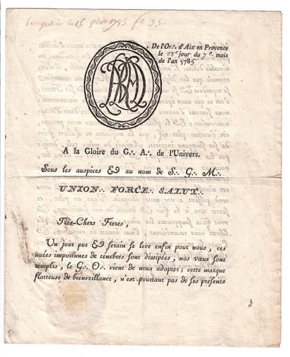 null FREEMASONRY. (BOUCHES-DU-RHÔNE). 1785. Masonic letter of the Order of AIX-EN-PROVENCE...