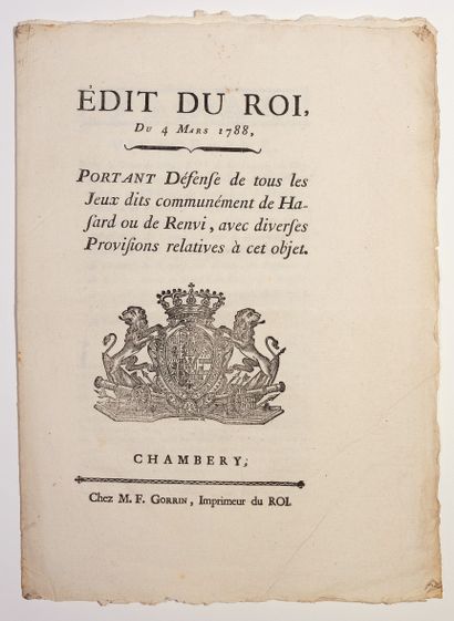 null SAVOIE. JEU DE HASARD. 1788. Édit du Roi de SARDAIGNE du 4 Mars 1788. « Portant...