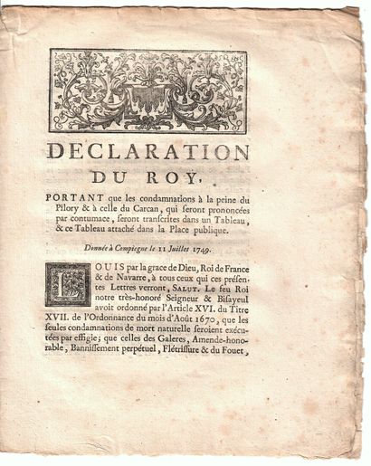 PEINES DU PILORY DU CARCAN. 1749. « Déclaration...