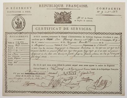 null NORTH. 8° REGIMENT OF FOOT ARTILLERY. Certificate of Services for Pierre NOURRY...