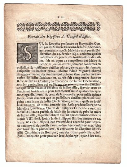 CHER. FORTIFICATIONS DE BOURGES. 1743. Extrait...