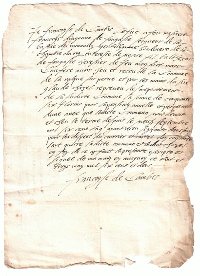 null VAUCLUSE. Lettre autographe signée «Françoise de CAMBIS», du 3 mai 1602, quittance...