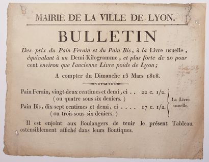 LYON (69). 1818. Bulletin des prix du PAIN...