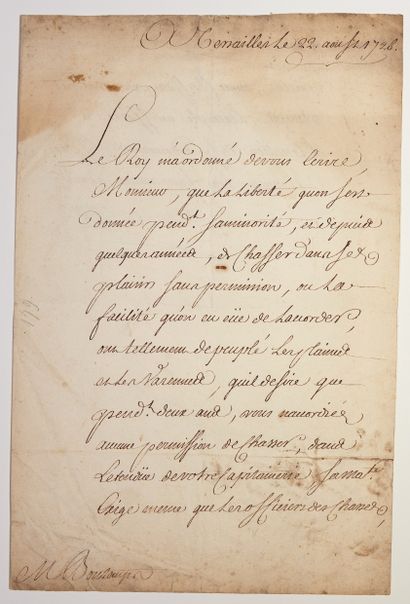 null YVELINES. CHASSE DU ROI - PHÉLYPEAUX, Comte de MAUREPAS (Jean-Frédéric) 1701...