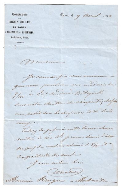 null ARGENTEUIL (95). Lettre à entête de « la Compagnie du Chemin de Fer de Paris...