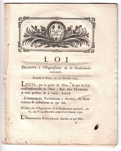 null GENDARMERIE. 1791. RÉVOLUTION. « Loi relative à l’Organisation de la Gendarmerie...