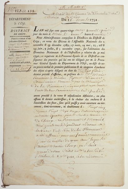 null OISE. District of CRÉPY. Extract of March 15, 1791. Minutes of definitive Adjudication...