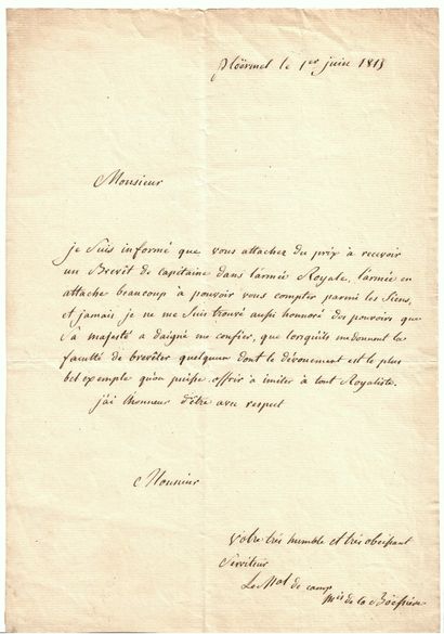 null CENT-JOURS. ARMÉE ROYALE. PLOÊRMEL (56) le 1er juin 1815. Lettre A.S. du Marquis...