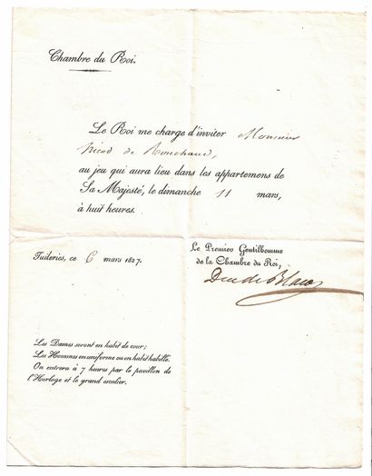 INVITATION AU JEU. 1827. « CHAMBRE DU ROI. »...