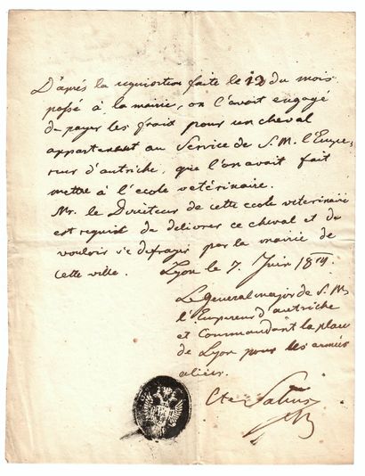 LYON (69) OCCUPÉ, 7 JUIN 1814 - Pièce signée...