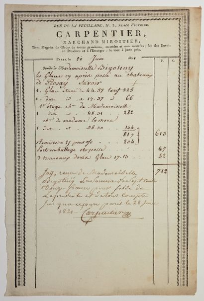 null EURE. Castle of ROSAY. Invoice of PARIS of June 20, 1821, signed and with the...