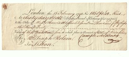 null LONDON. LONDON February 15, 1791 - Letter of Exchange for Joseph ROLEM in LISBON....