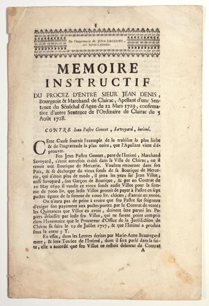 null LOT-ET-GARONNE. CLAIRAC (47). « Mémoire instructif du procès d’entre Sieur Jean...