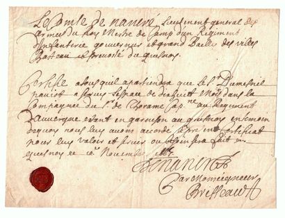 null NORTH. Piece signed Claude Antoine De DREUX, Count of NANCRÉ Lieutenant General...