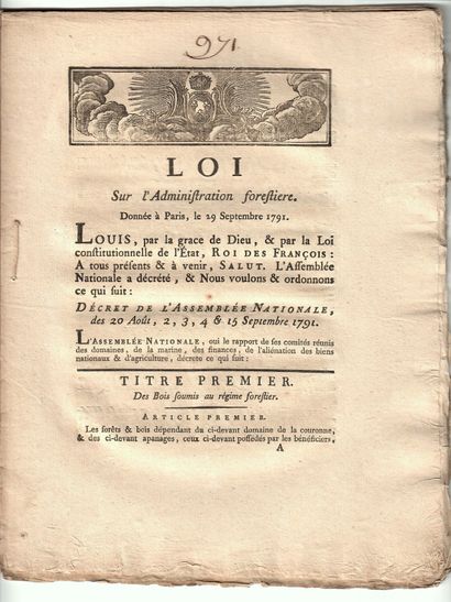 null BOIS FORÊTS - “Loi relative à l’Administration Forestière.” du 29 sept 1791....