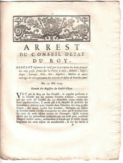 null (ALSACE FRANCHE COMTÉ GLASSWORKS) "Arrest du Conseil d'État du Roy, portant...
