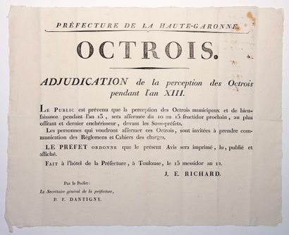 null HAUTE GARONNE. OCTROIS. Placard (37 x 46 cm) « Adjudication de la Perception...