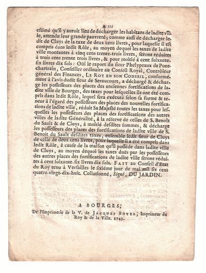 null CHER. FORTIFICATIONS DE BOURGES. 1743. Extrait des Registres du Conseil d’État....