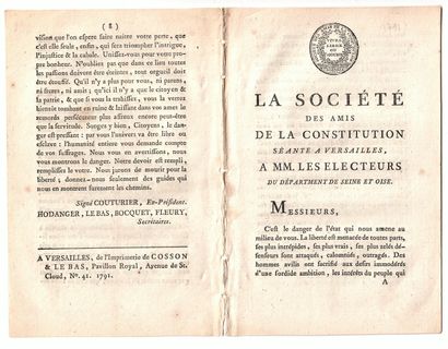 null YVELINES. 1791. THE SOCIETY OF THE FRIENDS OF THE CONSTITUTION OF VERSAILLES,...