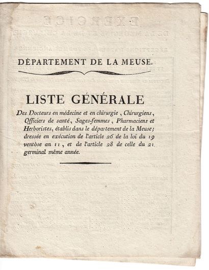 null MEUSE. "GENERAL LIST OF DOCTORS in Medicine and Surgery, Surgeons, Health Officers,...