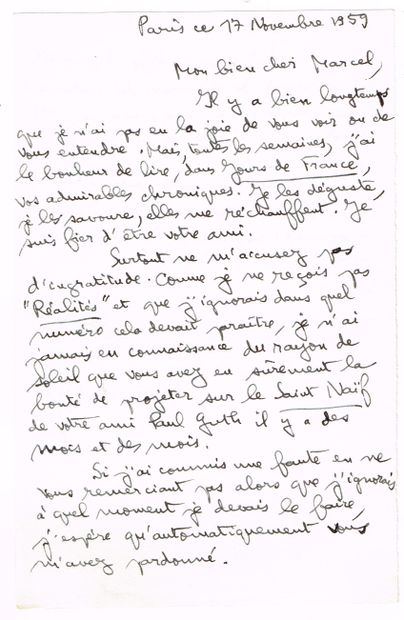 null Paul GUTH (Ossun 1910-1997, romancier et chroniqueur) / Lettre autographe signée,...