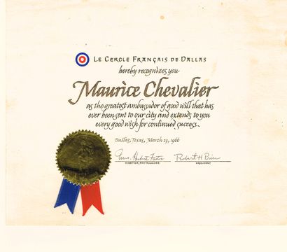 null [Maurice CHEVALIER] / Certificat de reconnaissance du Cercle Français de Dallas,...
