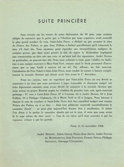 null SURREALISME – [André BRETON] / « Suite Princière », tract (1 p in-4 sur beau...
