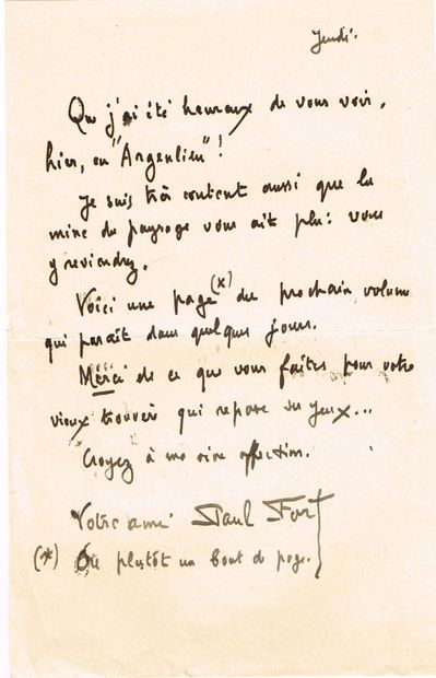 null Paul FORT (Reims 1872-1960, poète) / Lettre autographe signée, 1 page in-8 