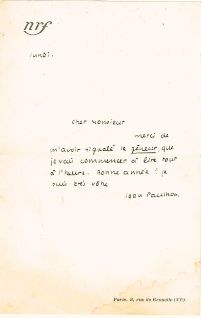 null Jean PAULHAN (Nimes 1884-1968, écrivain, critique et éditeur) / Lettre autographe...