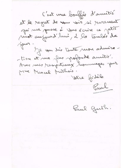 null Paul GUTH (Ossun 1910-1997, romancier et chroniqueur) / Lettre autographe signée,...
