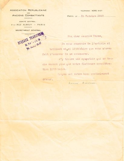 null Henri BARBUSSE (1873-1935, writer and politician) / Typed letter signed, 1 p...