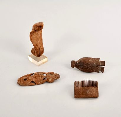 Set of wooden items including a tilapia-shaped...