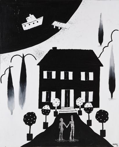 Gilles CHAIX (né en 1952) Rêve (Couple devant une maison), 1996.
Acrylique sur toile.
Signée...