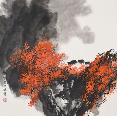 JIANG DESHUN (né en 1927, Chine) Flame Autumn.
Encre de Chine sur papier.
69 x 68...