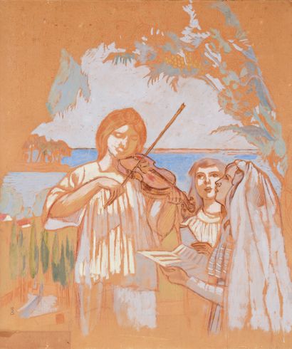 Maurice DENIS (1870-1943) La Leçon de Musique, vers 1907.
Huile sur carton.
Signé...