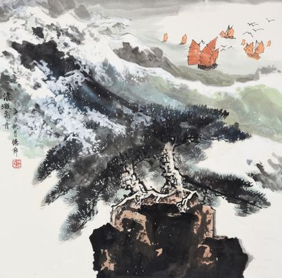 JIANG DESHUN (né en 1927, Chine) Waves broke against the Speedy boat.
India ink on...